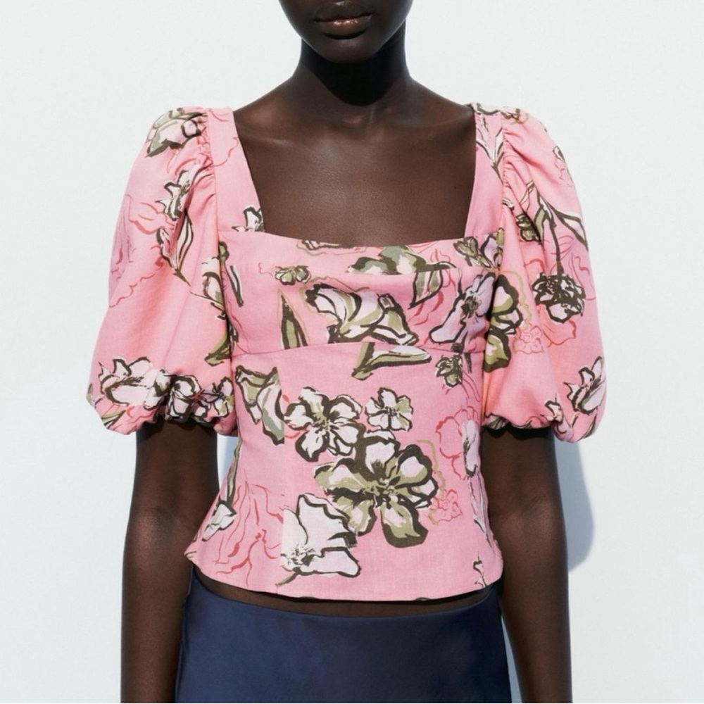 Zara Floral Puff Sleeve Linen Blend Poplin Top Size Medium